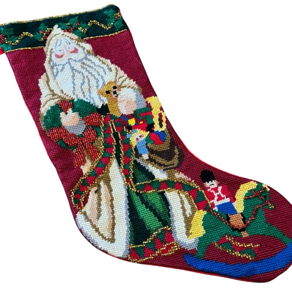 Santa Needlepoint Christmas Stocking Vintage Beaded Micro Needlepoint